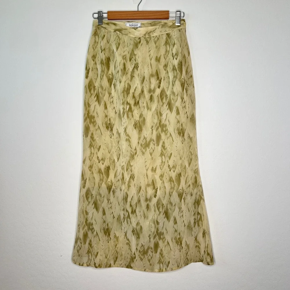 Kenzel Abstract Leaf Print Maxi Skirt Green Tan Lined Side Zip Womens 90s